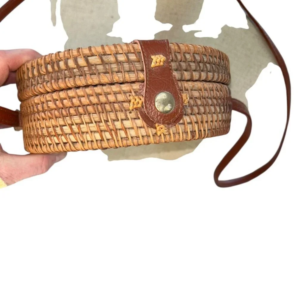 Indonesian classic all woven basket circle purse cross body bag